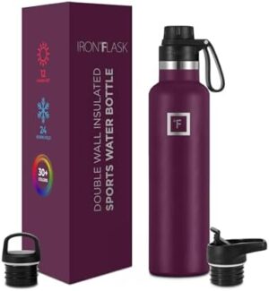 IRON °FLASK Camping & Hiking Hydration Canteens - 3 Lids (Narrow Spout Lid) Leak Proof Vacuum Insulated Stainless Steel - Hot & Cold Double Walled Sports Water Bottle - Burgundy, 24 Oz