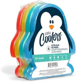 Fit & Fresh Cool Coolers Kids Lunch Box Ice Packs, Slim Ice Packs for Lunch Bags, Lunch Ice Packs Reusable-Multicolored, Set of 4 (Penguin)