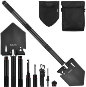 iunio 28 inch Folding Survival Shovel Camping Shovel- Heavy Duty Carbon Steel Military Style Entrenching Tool for Off Road, Camping, Gardening, Backpacking, Metal Detecting,Car Emergency