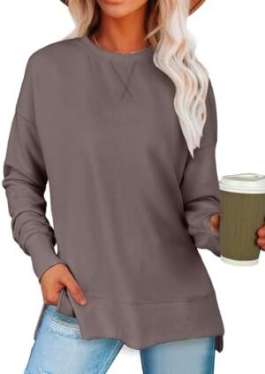 ANRABESS Sweatshirts for women 2024 Fall Fashion Shirts Long Sleeve Crewneck Lightweight Side Split Casual Pullover Top