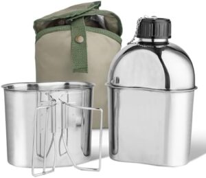 Stainless Steel Military Canteen 1.2QT Portable Army Water Bottle with 0.6QT Cup & Sleeves for Camping Hiking Climbing and Most Outdoor Activities