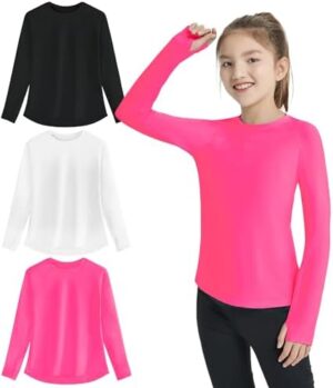 EXARUS Girls Long Sleeve Shirts Athletic Quick Dry Tops UPF 50+ Performance Tees with Pockets Thumb Holes Workout Teens