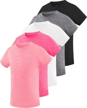 Star Vibe Girl's Athletic Shirts Short Sleeve Performance Sports T-Shirts Dry-Fit Activewear Summer Tops for Kids Teen 5 Pack