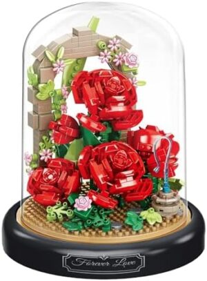 Red Rose Flower Home Bouquets Building Toy with Dust Cover - Creative Housewarming, Ideal Creative Toy Gift for Moms and Women