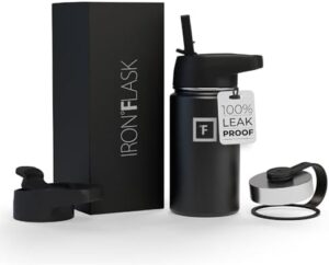 IRON °FLASK Camping & Hiking Hydration Flask, Wide Mouth, 3 Straw Lids, Stainless Steel Outdoor Water Bottle, Double Walled, Insulated Thermos, Metal Canteen - Midnight Black, 14 Oz