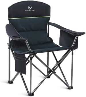 GREEN PARTY Folding Camping Chairs Oversized Heavy Duty Lawn Chair with Cooler Bag, Cup Holder, Storage Pocket, Collapsible Padded Outdoor Arm Chair Quad Lumbar Back Chair Supports 450LBS Green