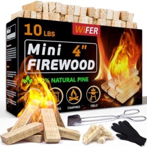 Mini Fire Stick with Fire Starter & Tongs, 4'' Kiln-Dried Pine Great Firewood for Wood Stoves, Tabletop Fire Pit, BBQ Grill, Pizza Oven, Solo Stove Accessories, BBQ Accessories, 10 lb Box