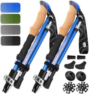 Premium Foldable Hiking Poles by USA Brand - Adjustable, Lightweight Trekking Poles Made of Aircraft Aluminum, Metal Flip Locks & Comfortable Real Cork Grips