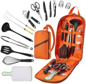 Camping Cooking Set - Camping Utensil Set Car Camping Cooking Essentials Gear for Camp Kitchen Cooking and Grilling, Stainless Steel & Silicone Ideal Gift for RV Tent Camper, Picnics, BBQs