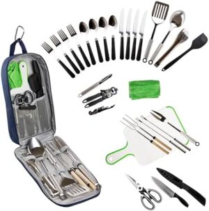 Camp Cooking Utensil Set & Outdoor Kitchen Gear Cookware Kit, Portable Compact Carry Case for Camping, Hiking, Travel, BBQ Grilling Stainless Steel Accessories Spoon & Fork