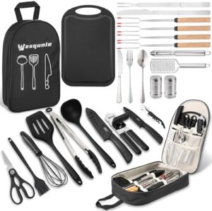 Camping Essentials Cooking Utensils Set - Camping Kitchen Cookware Accessories Set, Camping Gear Must Haves, Stainless Steel & Silicone, Car Portable Outdoor Camp Cooking Equipment Kit