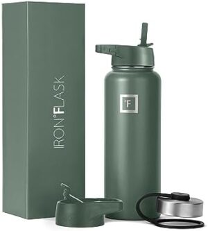 IRON °FLASK Camping & Hiking Hydration Flask, Wide Mouth, 3 Straw Lids, Stainless Steel Outdoor Water Bottle, Double Walled, Insulated Thermos, Metal Canteen - Sage, 40 Oz