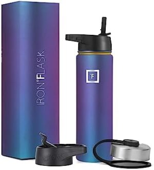 IRON °FLASK Camping & Hiking Hydration Flask, Wide Mouth, 3 Straw Lids, Stainless Steel Outdoor Water Bottle, Double Walled, Insulated Thermos, Metal Canteen - Aurora, 22 Oz