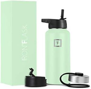 IRON °FLASK Camping & Hiking Hydration Flask, Wide Mouth, 3 Straw Lids, Stainless Steel Outdoor Water Bottle, Double Walled, Insulated Thermos, Metal Canteen - Mint, 32 Oz