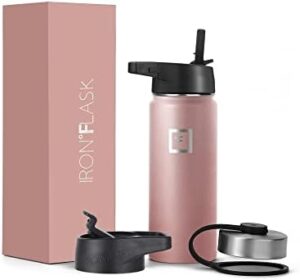 IRON °FLASK Camping & Hiking Hydration Flask, Wide Mouth, 3 Straw Lids, Stainless Steel Outdoor Water Bottle, Double Walled, Insulated Thermos, Metal Canteen - Rose Gold, 18 Oz