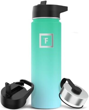 IRON °FLASK Camping & Hiking Hydration Flask, Wide Mouth, 3 Straw Lids, Stainless Steel Outdoor Water Bottle, Double Walled, Insulated Thermos, Metal Canteen - Sky, 22 Oz