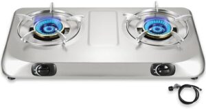 2 Burner Propane Stove Two burner, Portable Stainless Steel Auto Ignition Gas Cooktop, Included Gas Pressure Regulator, Suitable for Outdoor/Camping(Silver)