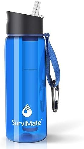 SurviMate 0.01μm Ultra-Filtration Filtered Water Bottle, Portable Water Filter Bottle with 4-Stage Filtration for Survival, Camping, Hiking, Backpacking, Drinking, Emergency