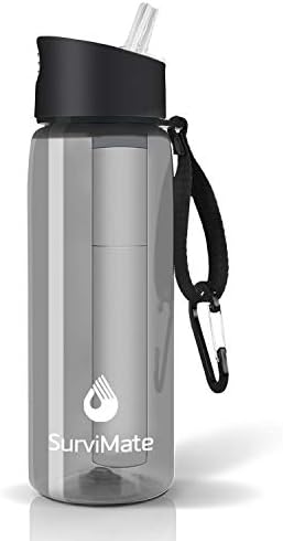 SurviMate 0.01μm Ultra-Filtration Filtered Water Bottle, Portable Water Filter Bottle with 4-Stage Filtration for Survival, Camping, Hiking, Backpacking, Drinking, Emergency