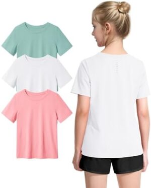 KEREDA Girls Athletic Shirts Dry Fit Short Sleeve Crew Neck T Shirts, Summer UPF 50+ Tee Tops for Teen Girls 3 Pack