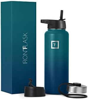 IRON °FLASK Camping & Hiking Hydration Flask, Wide Mouth, 3 Straw Lids, Stainless Steel Outdoor Water Bottle, Double Walled, Insulated Thermos, Metal Canteen - Dark Night, 40 Oz