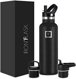 IRON °FLASK Camping & Hiking Hydration Canteens - 3 Lids (Narrow Straw Lid) Leak Proof Vacuum Insulated Stainless Steel - Hot & Cold Double Walled Sports Water Bottle - Midnight Black, 20 Oz