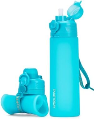 Collapsible Water Bottles 20oz, Leak Proof, BPA-Free, Foldable Silicone Travel Water Bottle with Straw Strap for Cycling, Hiking, Outdoors