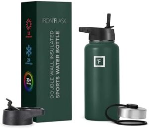 IRON °FLASK Camping & Hiking Hydration Flask, Wide Mouth, 3 Straw Lids, Stainless Steel Outdoor Water Bottle, Double Walled, Insulated Thermos, Metal Canteen - Dark Pine, 32 Oz