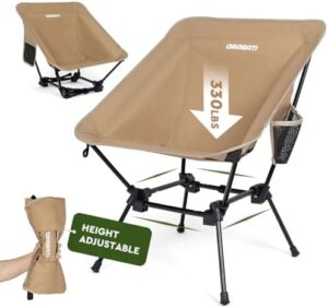 Foldable Camping Chair, 2-Way Lightweight Backpacking Chair High or Low Profile, Portable Folding Camp Chairs Compact for Outdoor, Beach, Travel, Khaki