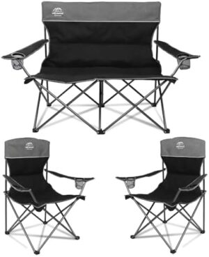 3 Piece Portable Camping Chairs Set,Folding Lawn Chair Set with Cup Holder,Outdoor Heavy Duty Comfy Chairs,Loveseat Chair Perfect for Family Hiking,Picnics and Beach Trips,Black