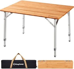 KingCamp Bamboo Folding Camping Table 4 Folds Lightweight with Adjustable Height Aluminum Legs Portable Camp Tables in Carry Bag for Indoor Outdoor Picnic Beach