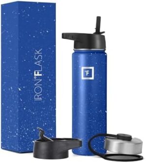 IRON °FLASK Camping & Hiking Hydration Flask, Wide Mouth, 3 Straw Lids, Stainless Steel Outdoor Water Bottle, Double Walled, Insulated Thermos, Metal Canteen - Cobalt Speckle, 22 Oz