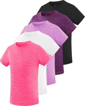 Star Vibe Girl's Athletic Shirts Short Sleeve Performance Sports T-Shirts Dry-Fit Activewear Summer Tops for Kids Teen 5 Pack