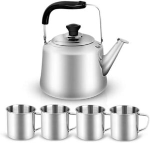 Odoland 4L Camping Kettle Set with 4 Cups, Durable Stainless Steel Camp Tea Coffee Water Pot with 4 Mugs for Hiking, Backpacking, Outdoor Camping and Picnic, Carrying Bag Included