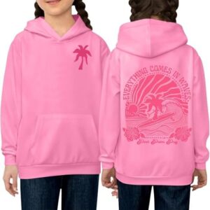 Pink Palm Puff Hoodie for KIds Pink Graphic Hoodie Cute Preppy Sweatshirt Teen Girls Long Sleeve Tops With Pockets