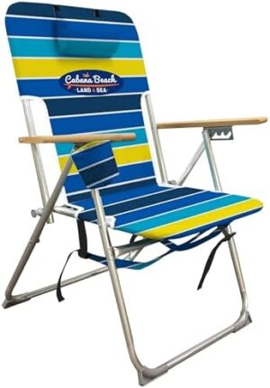 Cabana Beach Folding Beach Chair, 4 Position Portable Backpack Foldable Camping Chair with Headrest, Cup Holder, and Wooden Armrests, Cool Bold Stripe