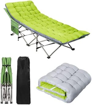 HAITRAL Portable Camping Cot with Mattress - Outdoor Folding Heavy Duty Sleeping Bed with Side Pocket for Adults - Oxford Single Lounge Chaise for Camping Tent Beach Office Max Load 300 LBS (Green)