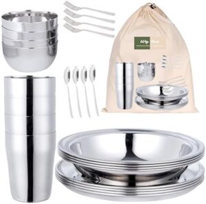 Stainless Steel Camping Mess kit with Camp Dishes, Bowls, Plates, Glasses, Spoons & Forks, Utensil Set, Dinnerware Set for Camping Backpacking & Hiking for 4 Person (25 Piece Set)