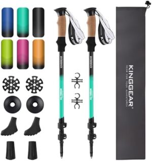 KINGGEAR Walking Stick, Lightweight 7075 Aluminum Adjustable Hiking Poles, Trekking Poles with Flip Lock, Retractable, Natural Anti-Sweat Cork and EVA Grips