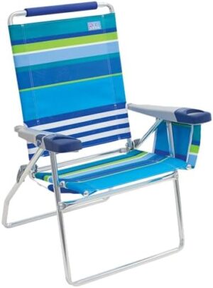 Rio Brands 17" Extended Height 4-Position Folding Beach, Camping, Lawn Chair, Blue/White/Green