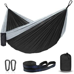 Hammock Camping, Portable Single/Double Hammocks for Outdoor Hiking Travel Backpacking - 210D Nylon Hammock Swing for Backyard & Garden (Black/Gray)