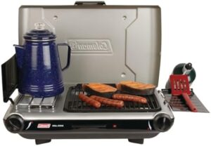 Coleman Tabletop 2-in-1 Grill & Stove with 2 Adjustable Burners, Propane Grill/Stove with Push-Button Starter, Wind Guards, Grease Tray, & 20,000 BTUs of Power for Camping, Tailgating, & More