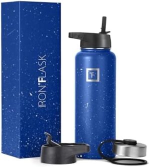 IRON °FLASK Camping & Hiking Hydration Flask, Wide Mouth, 3 Straw Lids, Stainless Steel Outdoor Water Bottle, Double Walled, Insulated Thermos, Metal Canteen - Cobalt Speckle, 40 Oz