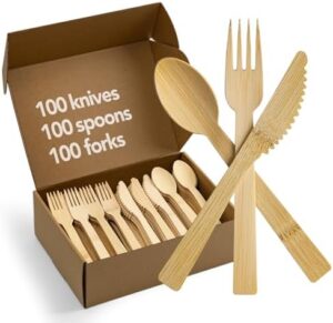 Bamboo Utensils Disposable Cutlery [300PK:100 Forks 100Spoons 100Knives]Bamboo Cutlery Biodegradable Cutlery set Disposable-Compostable Eco-Friendly Utensils for Weddings, Camping, Parties