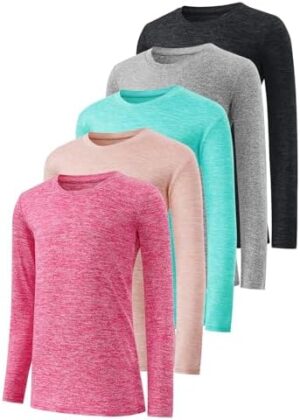 Star Vibe 5-Pack Girls Long Sleeve Athletic Shirts Dry Fit Crew Neck Active Performance T-Shirts for Kids Teens Workout Tops