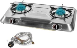 XtremepowerUS Double Burner Stove Auto Ignition Cooktop Outdoor Propane LPG Tank Camp 2 Burner Stove Burner Portable Stove Burner, Stainless Steel