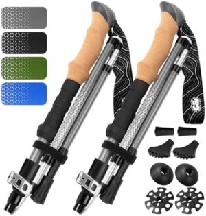 Premium Foldable Hiking Poles by USA Brand - Adjustable, Lightweight Trekking Poles Made of Aircraft Aluminum, Metal Flip Locks & Comfortable Real Cork Grips