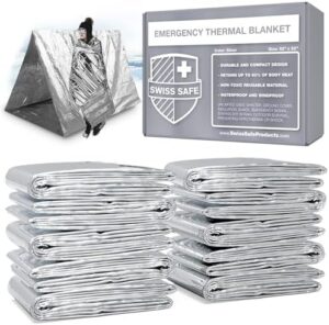 Swiss Safe 10 Pack Mylar Emergency Blankets for Survival - Compact & Insulated for Cold Weather - Designed for NASA, Outdoor, Running, Camping, Survival, First Aid Car Kit - Silver, 10 Pack