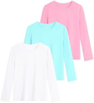 Auranso Girls Long Sleeve Shirts 3 Pack Quick Dry Athletic Tops Active Shirts for Girls