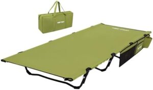 HEYTRIP Extra-Wide Camping Cot, Upgrade Sturdy Camping Bed, XXL Cots for Sleeping Support 500lb, Folding Cot with Side Pocket, Portable Cot with Carry Bag Ultralight Backpacking Cot for Travel(Green)